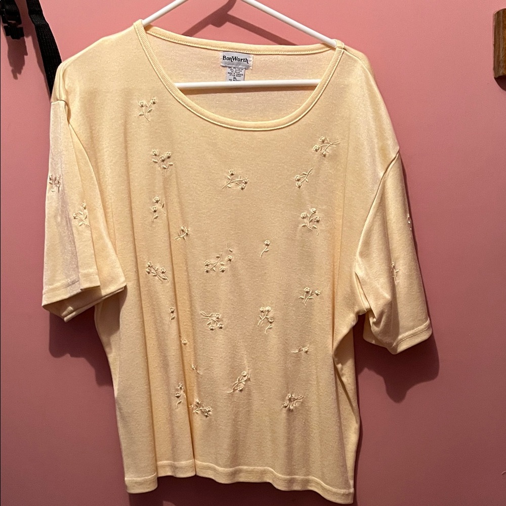 BonWorth Light Yellow Embroidered Short Sleeve Top